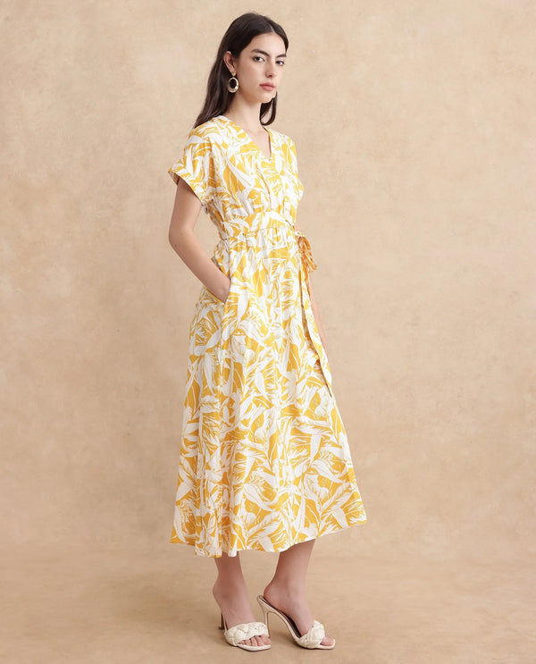 Rareism Women's Janmink Light Mustard Viscose Fabric Overlap Neck Tie-Up Closure Ruffled Sleeve Floral Print Wrap Midi Dress