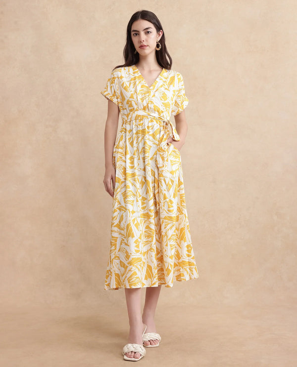 Rareism Women's Janmink Light Mustard Viscose Fabric Overlap Neck Tie-Up Closure Ruffled Sleeve Floral Print Wrap Midi Dress