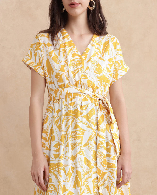 Rareism Women's Janmink Light Mustard Viscose Fabric Overlap Neck Tie-Up Closure Ruffled Sleeve Floral Print Wrap Midi Dress