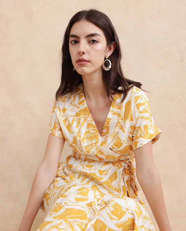 Rareism Women's Janmink Light Mustard Viscose Fabric Overlap Neck Tie-Up Closure Ruffled Sleeve Floral Print Wrap Midi Dress