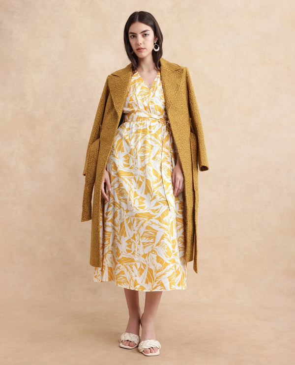 Rareism Women's Janmink Light Mustard Viscose Fabric Overlap Neck Tie-Up Closure Ruffled Sleeve Floral Print Wrap Midi Dress