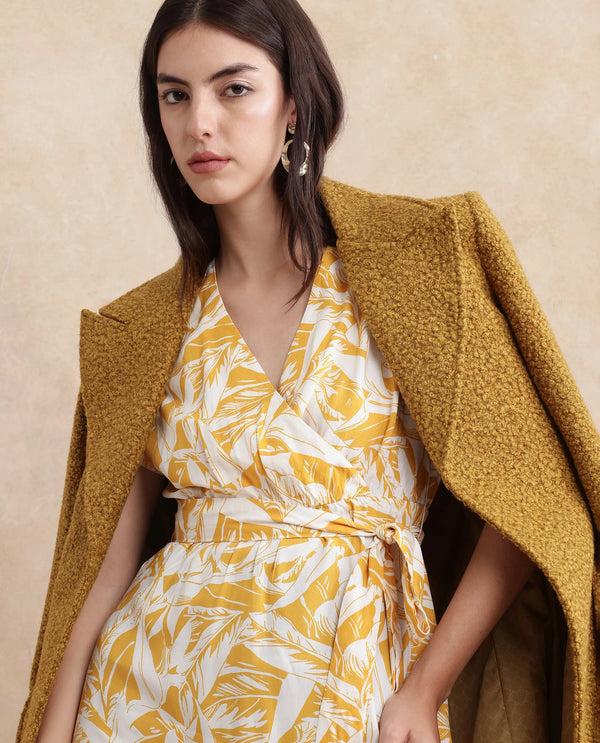 Rareism Women's Janmink Light Mustard Viscose Fabric Overlap Neck Tie-Up Closure Ruffled Sleeve Floral Print Wrap Midi Dress