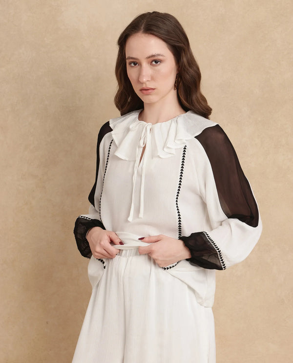 Rareism Women Janmolo White 100% Rayon Fabric Raglan Sleeve Regular Fit Color block Top