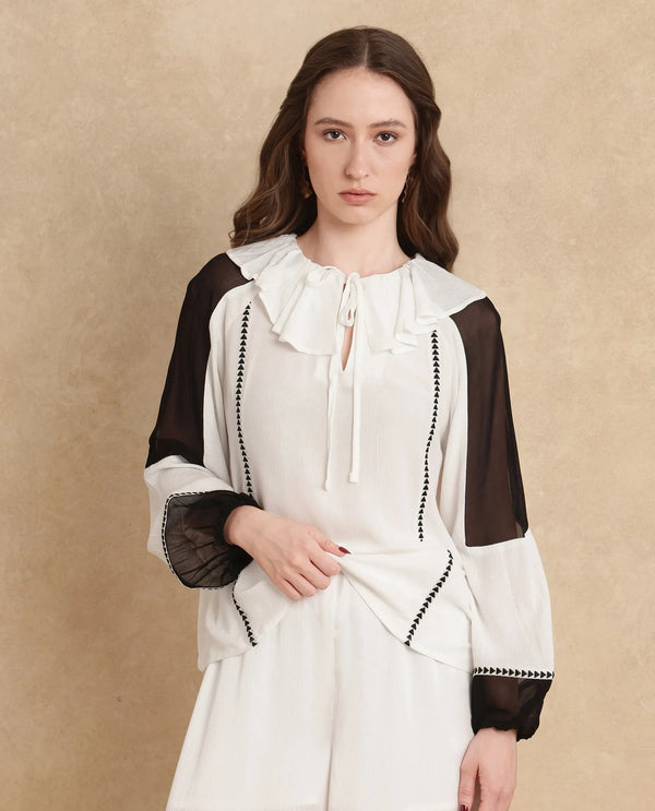 Rareism Women Janmolo White 100% Rayon Fabric Raglan Sleeve Regular Fit Color block Top