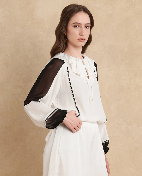 Rareism Women Janmolo White 100% Rayon Fabric Raglan Sleeve Regular Fit Color block Top