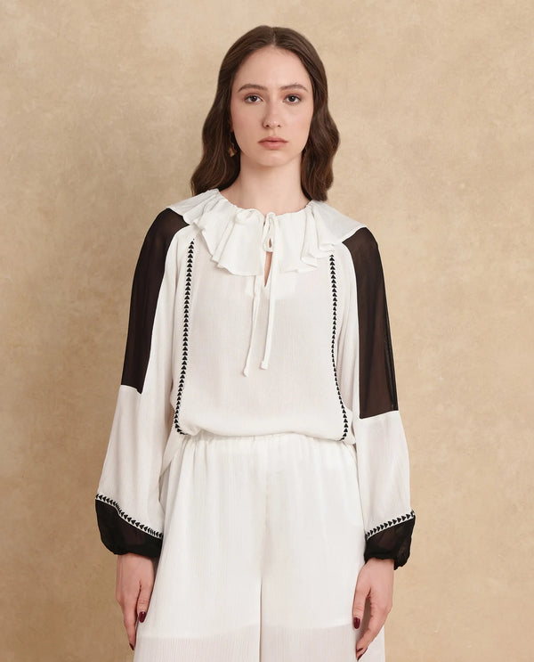 Rareism Women Janmolo White 100% Rayon Fabric Raglan Sleeve Regular Fit Color block Top