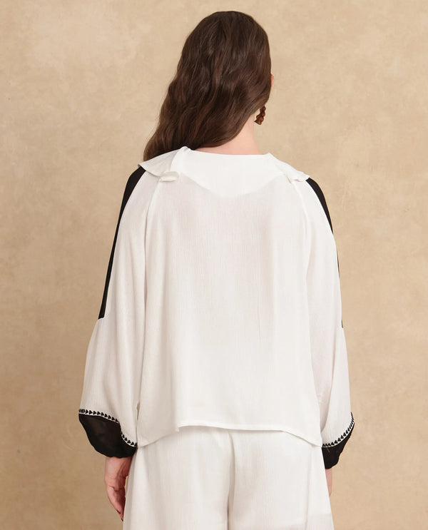 Rareism Women Janmolo White 100% Rayon Fabric Raglan Sleeve Regular Fit Color block Top