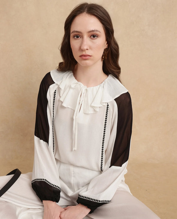 Rareism Women Janmolo White 100% Rayon Fabric Raglan Sleeve Regular Fit Color block Top