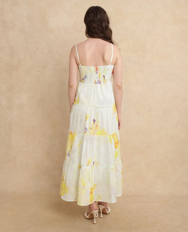 Rareism Women's Jannew Light Multi Cotton Fabric Shoulder Straps Slip-On Closure Sleeveless Floral Print Fit And Flare Maxi Dress