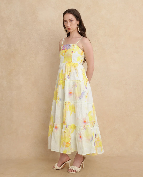 Rareism Women's Jannew Light Multi Cotton Fabric Shoulder Straps Slip-On Closure Sleeveless Floral Print Fit And Flare Maxi Dress