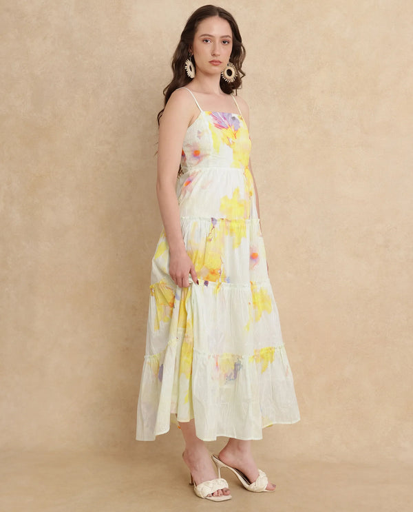 Rareism Women's Jannew Light Multi Cotton Fabric Shoulder Straps Slip-On Closure Sleeveless Floral Print Fit And Flare Maxi Dress