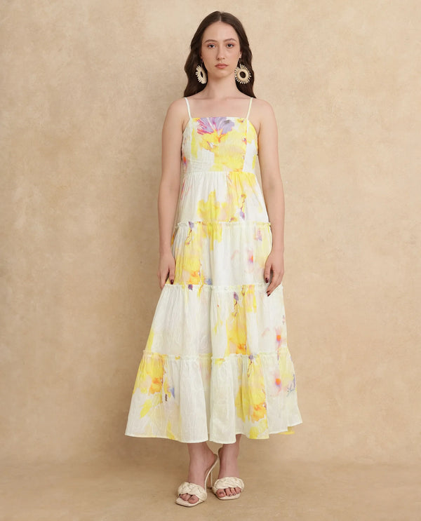 Rareism Women's Jannew Light Multi Cotton Fabric Shoulder Straps Slip-On Closure Sleeveless Floral Print Fit And Flare Maxi Dress