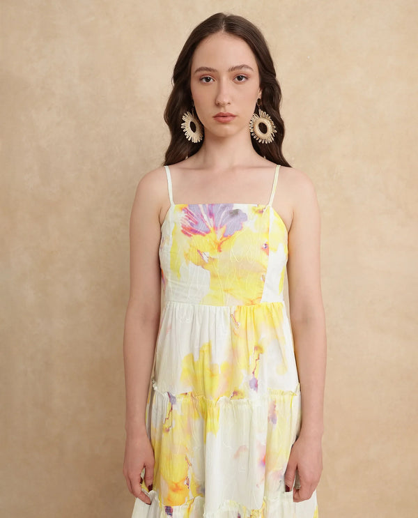 Rareism Women's Jannew Light Multi Cotton Fabric Shoulder Straps Slip-On Closure Sleeveless Floral Print Fit And Flare Maxi Dress