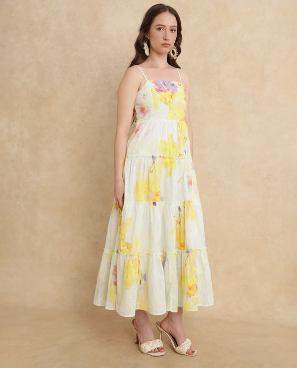 Rareism Women's Jannew Light Multi Cotton Fabric Shoulder Straps Slip-On Closure Sleeveless Floral Print Fit And Flare Maxi Dress