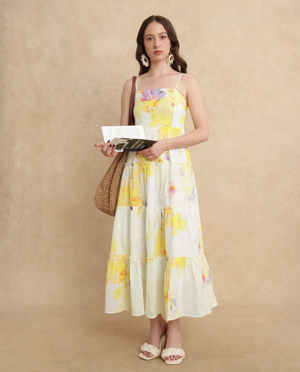 Rareism Women's Jannew Light Multi Cotton Fabric Shoulder Straps Slip-On Closure Sleeveless Floral Print Fit And Flare Maxi Dress
