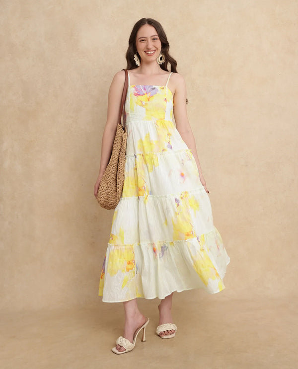 Rareism Women's Jannew Light Multi Cotton Fabric Shoulder Straps Slip-On Closure Sleeveless Floral Print Fit And Flare Maxi Dress