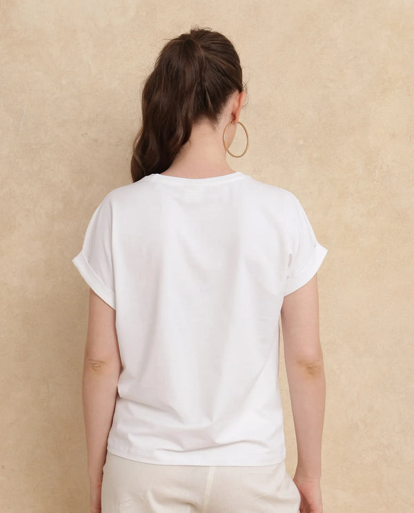 Rareism Women Somker Off white Half Sleeve Crew Neck Graphic Print T-Shirt