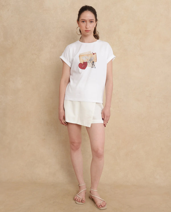Rareism Women Somker Off white Half Sleeve Crew Neck Graphic Print T-Shirt