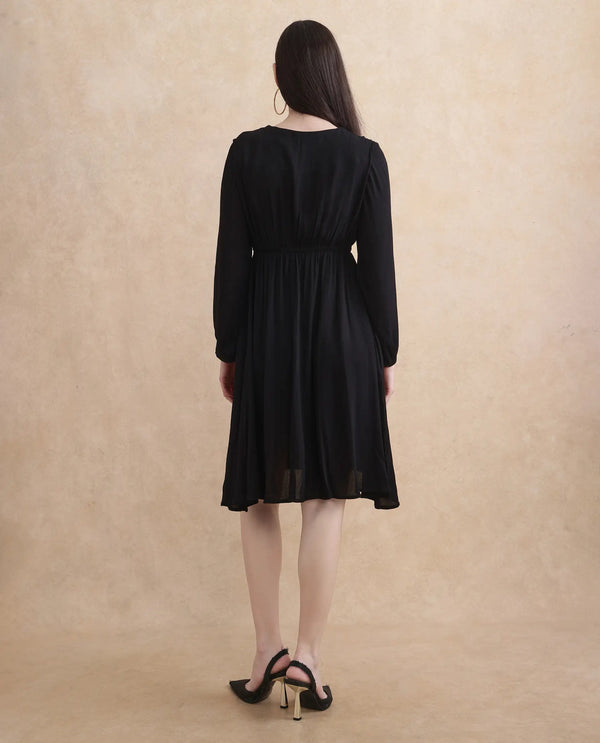 Rareism Women's Janog Black Cotton Fabric Tie-Up Neck Tie-Up Closure Bishop Sleeve Plain Fit And Flare Knee Length Dress