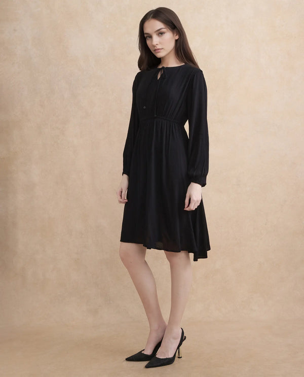 Rareism Women's Janog Black Cotton Fabric Tie-Up Neck Tie-Up Closure Bishop Sleeve Plain Fit And Flare Knee Length Dress