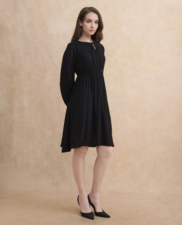 Rareism Women's Janog Black Cotton Fabric Tie-Up Neck Tie-Up Closure Bishop Sleeve Plain Fit And Flare Knee Length Dress