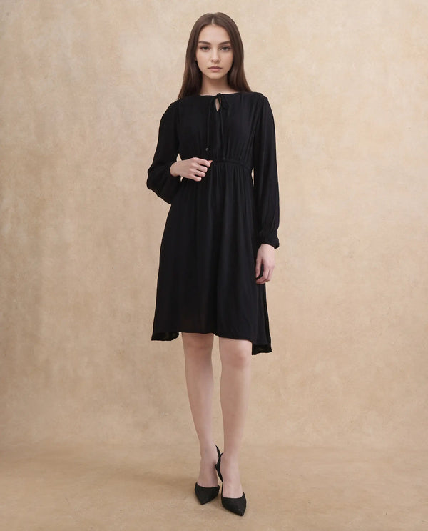 Rareism Women's Janog Black Cotton Fabric Tie-Up Neck Tie-Up Closure Bishop Sleeve Plain Fit And Flare Knee Length Dress