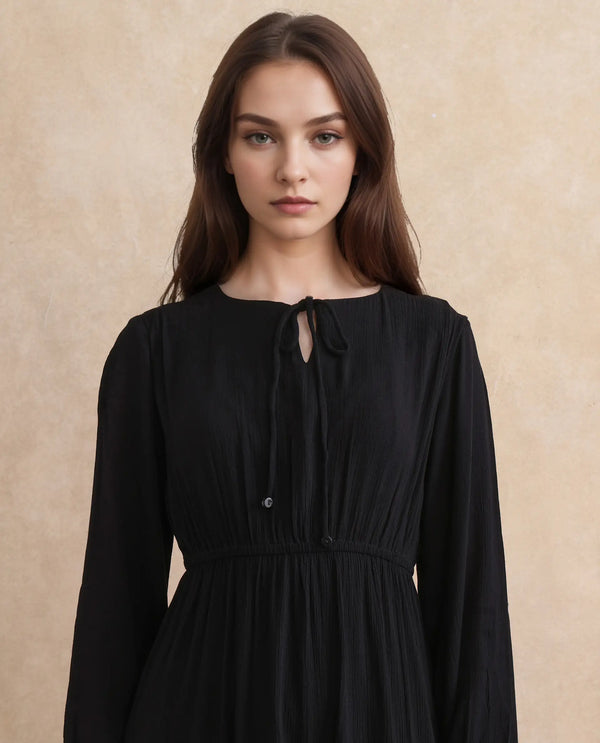 Rareism Women's Janog Black Cotton Fabric Tie-Up Neck Tie-Up Closure Bishop Sleeve Plain Fit And Flare Knee Length Dress