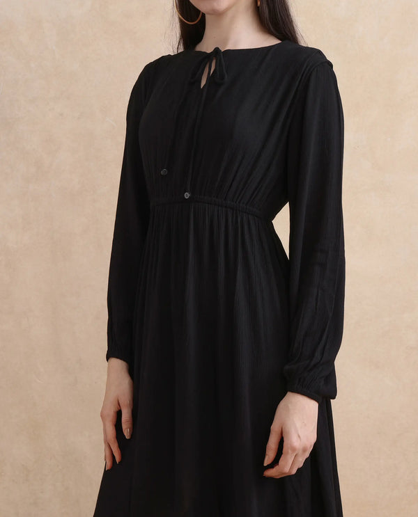 Rareism Women's Janog Black Cotton Fabric Tie-Up Neck Tie-Up Closure Bishop Sleeve Plain Fit And Flare Knee Length Dress