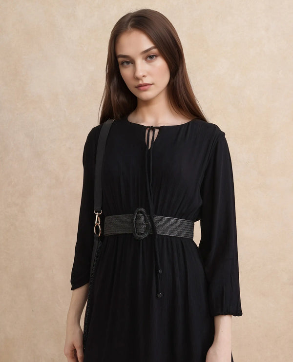 Rareism Women's Janog Black Cotton Fabric Tie-Up Neck Tie-Up Closure Bishop Sleeve Plain Fit And Flare Knee Length Dress
