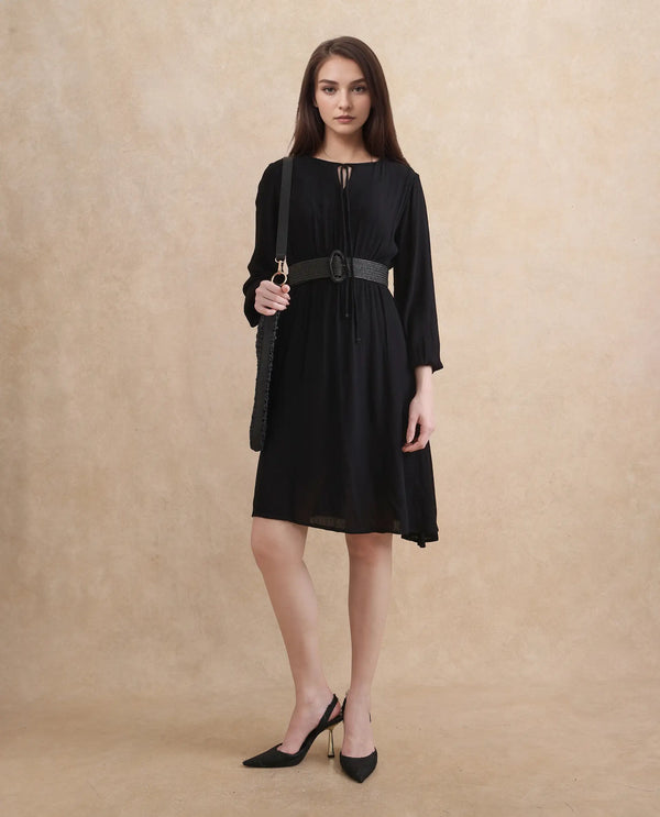 Rareism Women's Janog Black Cotton Fabric Tie-Up Neck Tie-Up Closure Bishop Sleeve Plain Fit And Flare Knee Length Dress