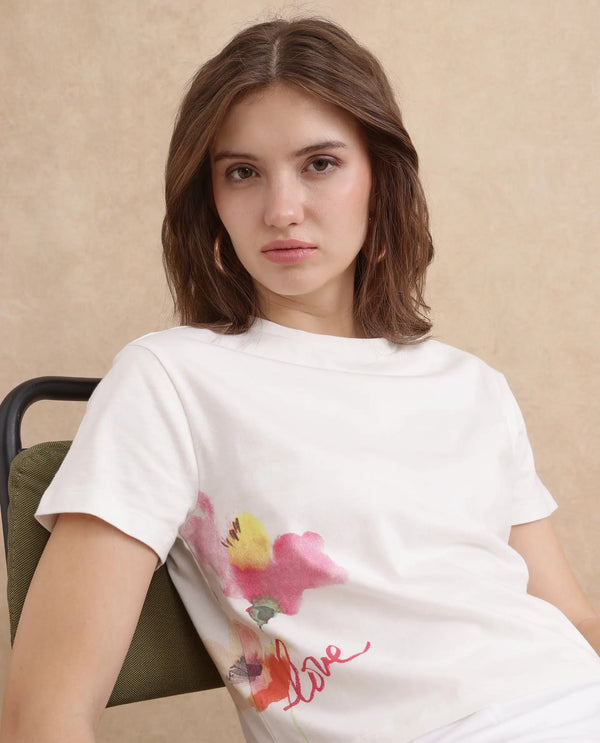 Rareism Women Janol Off White Rayon Nylon Fabric Regular Sleeve Round Neck Regular Fit Cropped Floral Print T-Shirt