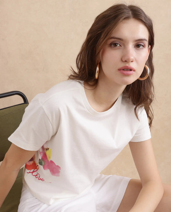 Rareism Women Janol Off White Rayon Nylon Fabric Regular Sleeve Round Neck Regular Fit Cropped Floral Print T-Shirt
