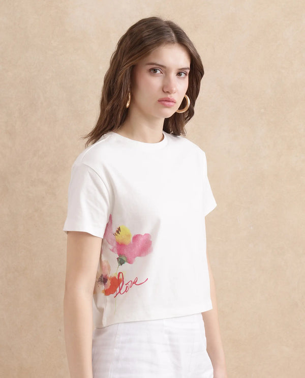 Rareism Women Janol Off White Rayon Nylon Fabric Regular Sleeve Round Neck Regular Fit Cropped Floral Print T-Shirt