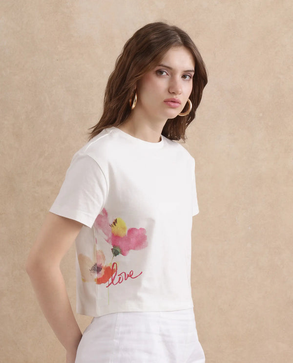 Rareism Women Janol Off White Rayon Nylon Fabric Regular Sleeve Round Neck Regular Fit Cropped Floral Print T-Shirt