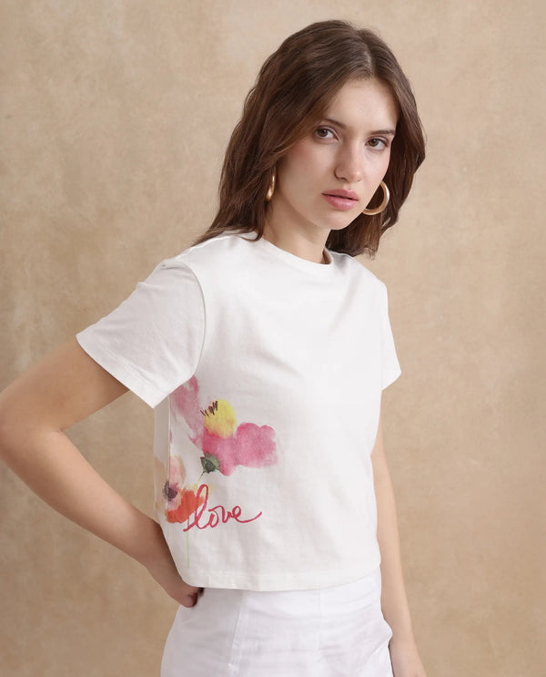 Rareism Women Janol Off White Rayon Nylon Fabric Regular Sleeve Round Neck Regular Fit Cropped Floral Print T-Shirt