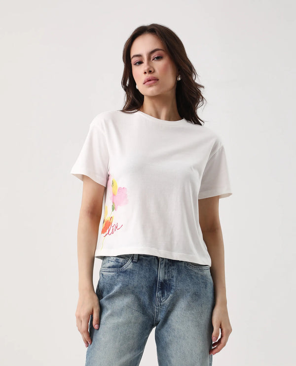 Rareism Women Janol Off White 100%Cotton Fabric Regular Sleeve Round Neck Regular Fit Cropped Floral Print T-Shirt
