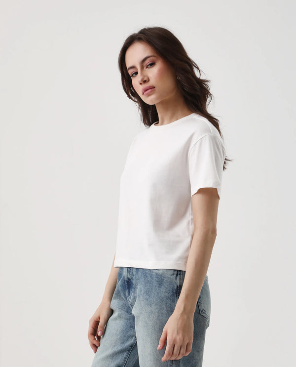 Rareism Women Janol Off White 100%Cotton Fabric Regular Sleeve Round Neck Regular Fit Cropped Floral Print T-Shirt