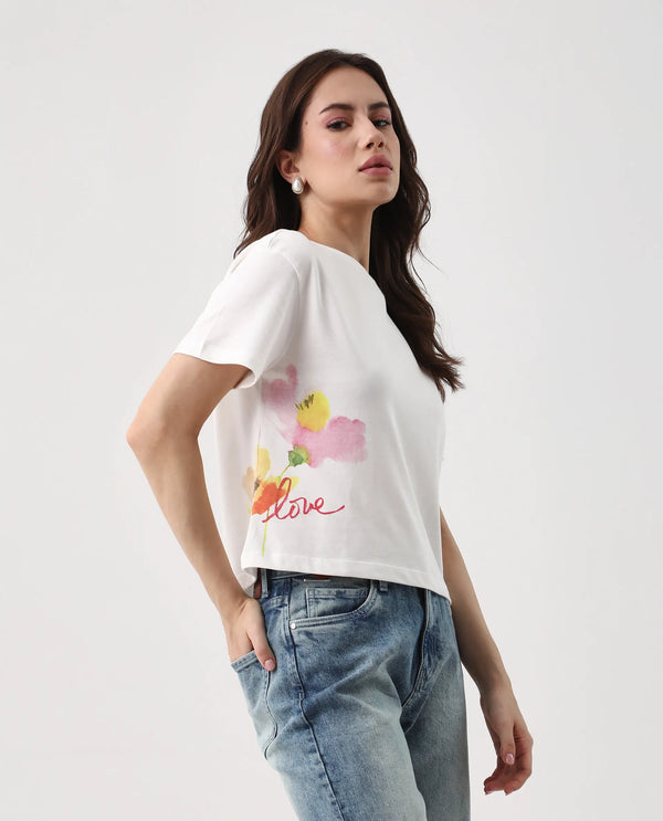 Rareism Women Janol Off White 100%Cotton Fabric Regular Sleeve Round Neck Regular Fit Cropped Floral Print T-Shirt