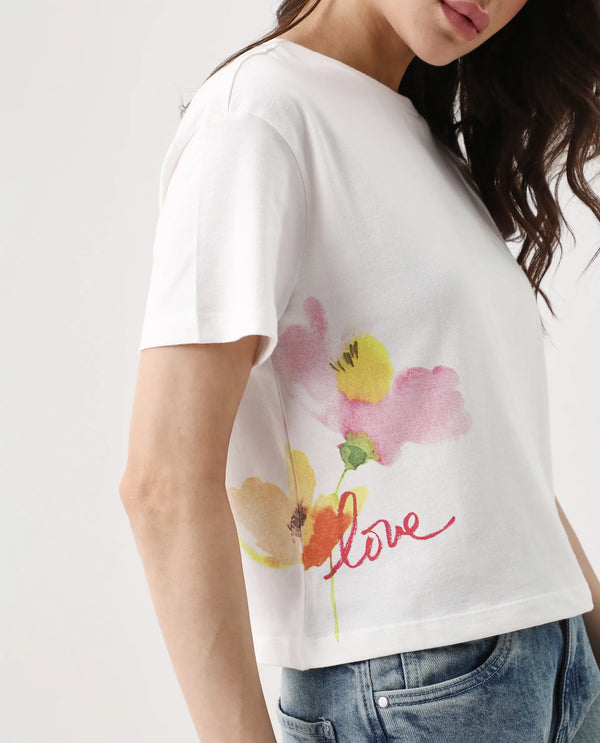 Rareism Women Janol Off White 100%Cotton Fabric Regular Sleeve Round Neck Regular Fit Cropped Floral Print T-Shirt