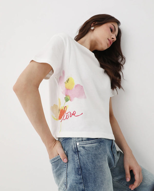 Rareism Women Janol Off White 100%Cotton Fabric Regular Sleeve Round Neck Regular Fit Cropped Floral Print T-Shirt