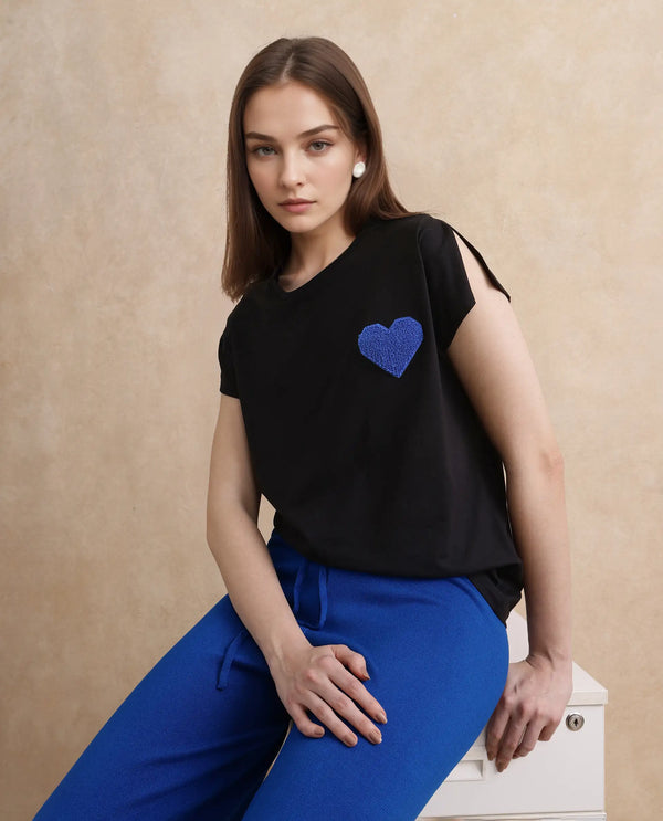 Rareism Women Janori Black Rayon Nylon Fabric Extended Sleeve Collared Neck Regular Fit Plain T-Shirt
