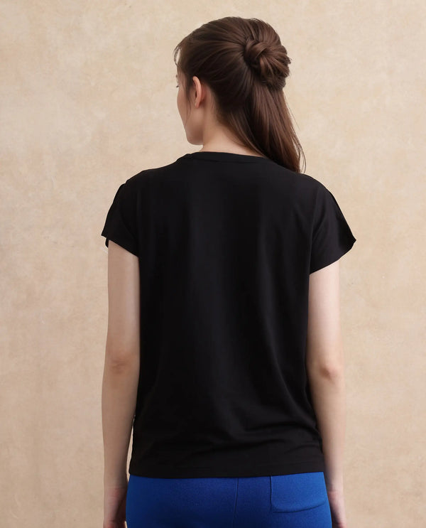Rareism Women Janori Black Rayon Nylon Fabric Extended Sleeve Collared Neck Regular Fit Plain T-Shirt