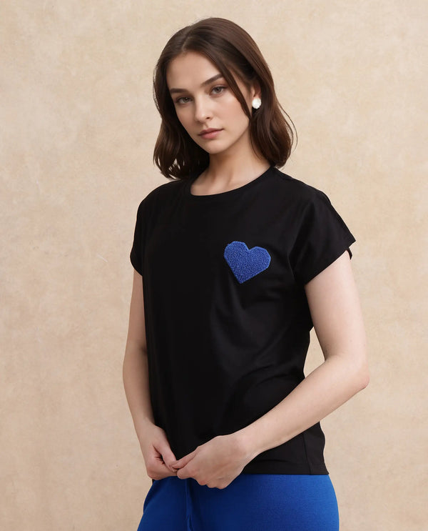 Rareism Women Janori Black Rayon Nylon Fabric Extended Sleeve Collared Neck Regular Fit Plain T-Shirt