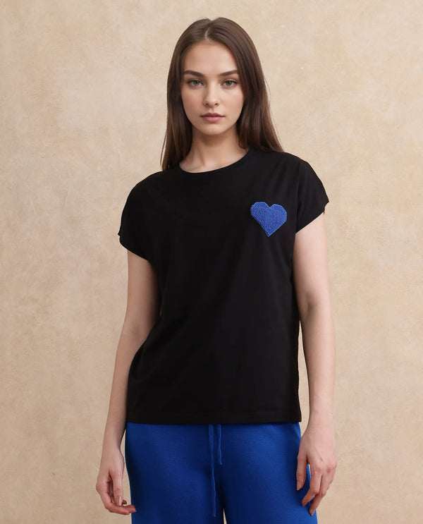Rareism Women Janori Black Rayon Nylon Fabric Extended Sleeve Collared Neck Regular Fit Plain T-Shirt