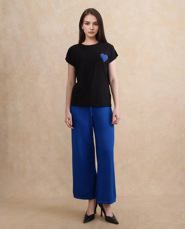 Rareism Women Janori Black Rayon Nylon Fabric Extended Sleeve Collared Neck Regular Fit Plain T-Shirt