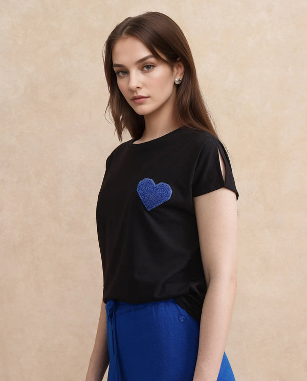 Rareism Women Janori Black Rayon Nylon Fabric Extended Sleeve Collared Neck Regular Fit Plain T-Shirt