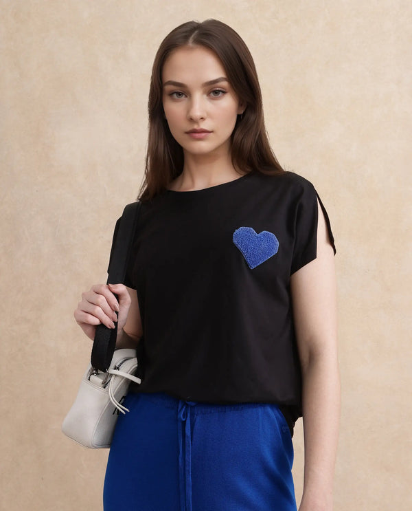 Rareism Women Janori Black Rayon Nylon Fabric Extended Sleeve Collared Neck Regular Fit Plain T-Shirt
