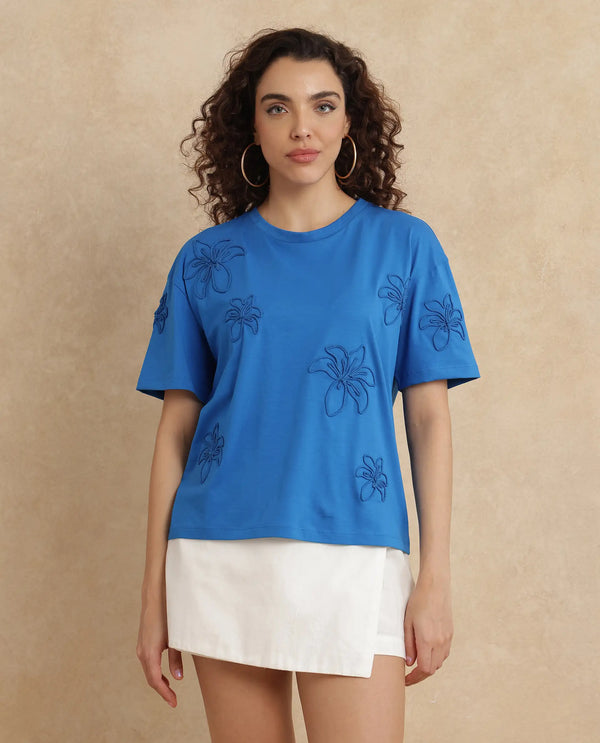 Rareism Women Janox Blue Rayon Nylon Fabric Regular Sleeve Collared Neck Relaxed Fit Printed T-Shirt