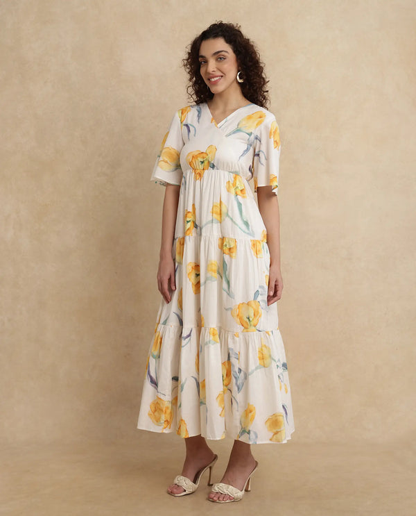 Rareism Women's Janpa Off White Cotton Fabric Overlap Neck Slip-On Closure Ruffled Sleeve Floral Print Fit And Flare Maxi Dress