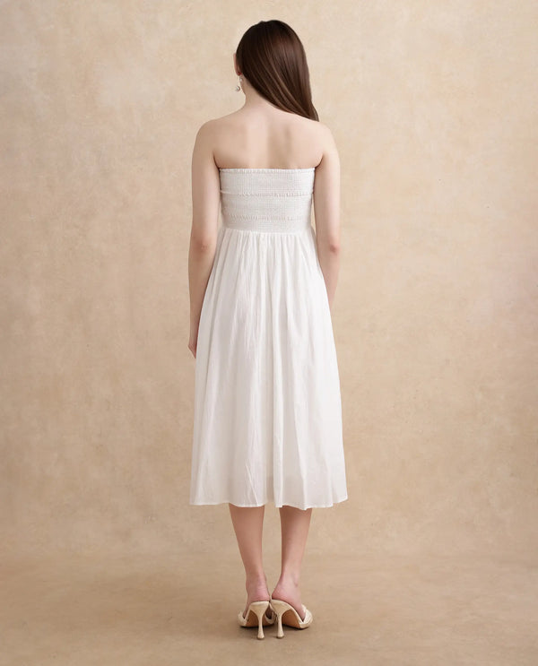 Rareism Women Janpla Off White Cotton Fabric Sleeveless Tube Neck Fit And Flare Midi Plain Dress